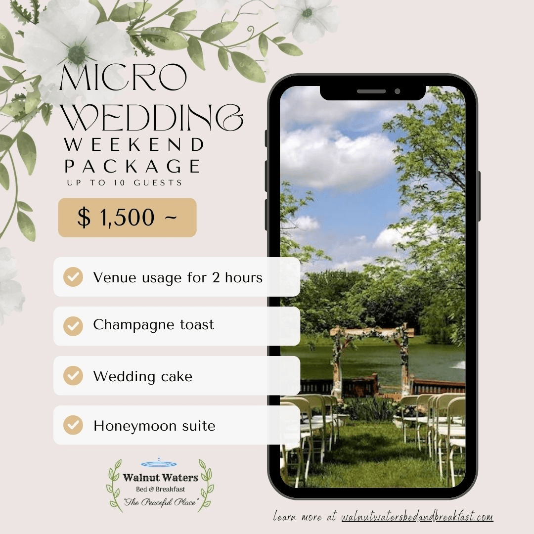 Advertisement for a $1,500 micro wedding package with an image of a phone against a floral background