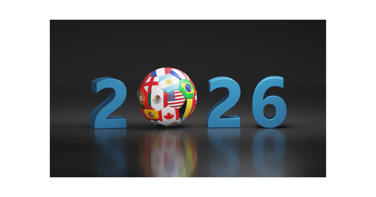 A colorful soccer ball adorned with various national flags is positioned between the blue numbers 2026. A colorful soccer ball adorned with various national flags is positioned between the blue numbers 2026.