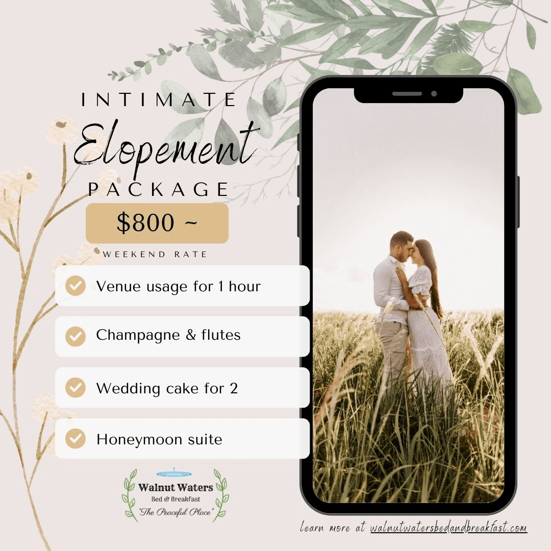 Advertisement for an $800 elopement wedding package with an image of a phone against a floral background