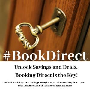 A key in a ornate keyhole on a wooden door with promotional text about booking directly for savings.