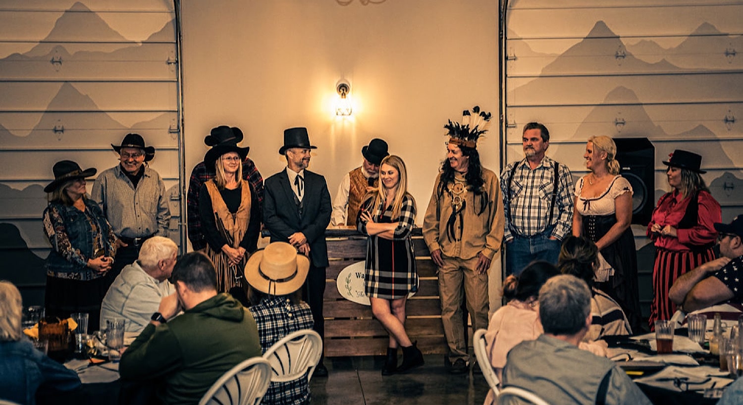 group of people dressed in character for a mystery dinner