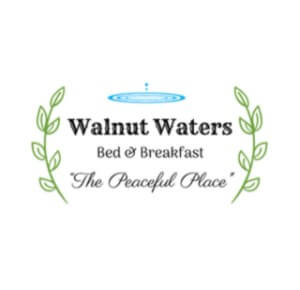 Two curved green leaves with water drop at top and text below: Walnut Waters Bed & Breakfast